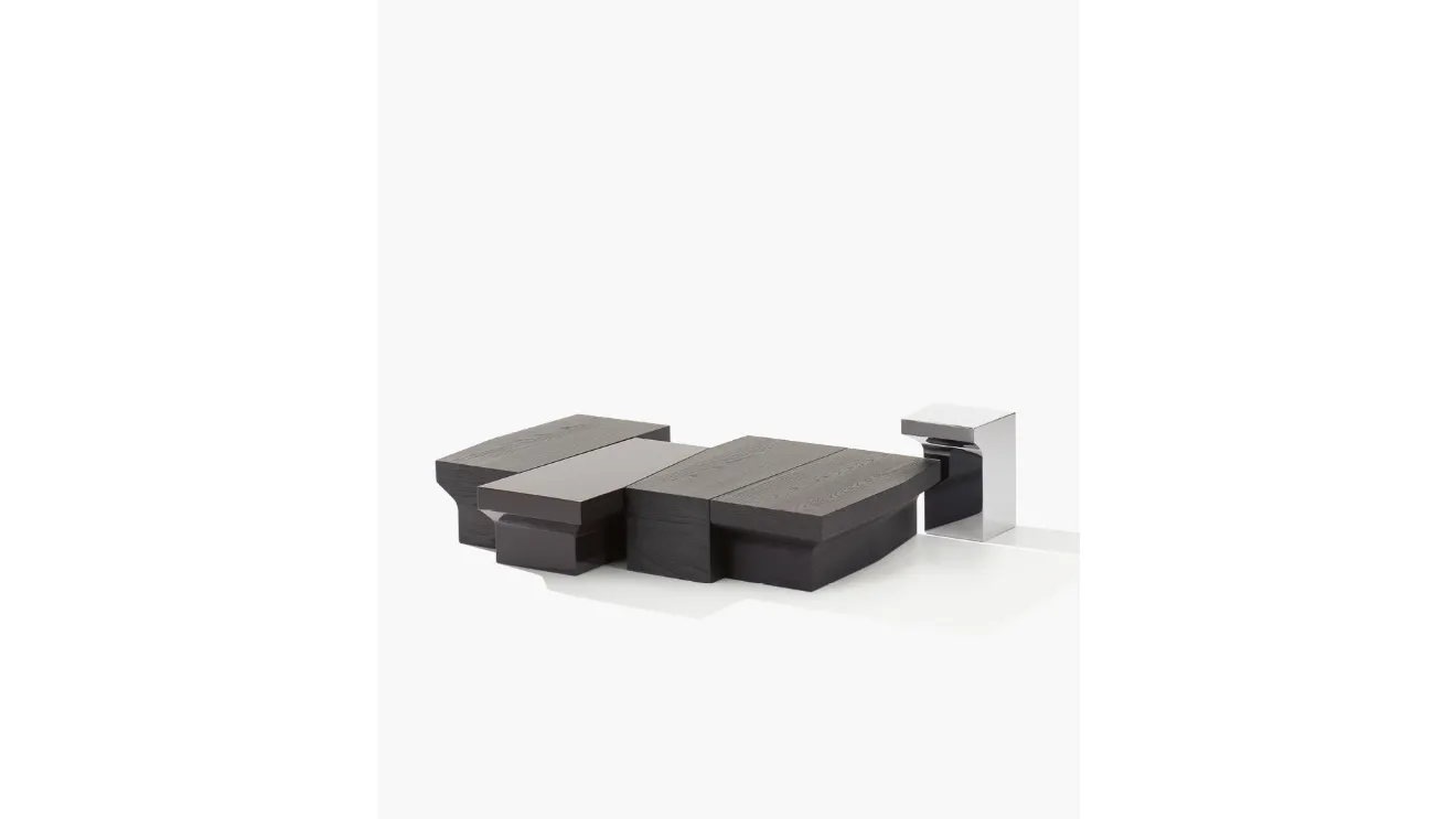 Joan coffee tables in wood, glossy lacquer and polished steel by Poliform.