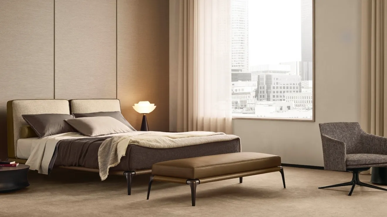 Bed with headboard in fabric and leather Park1 by Poliform.