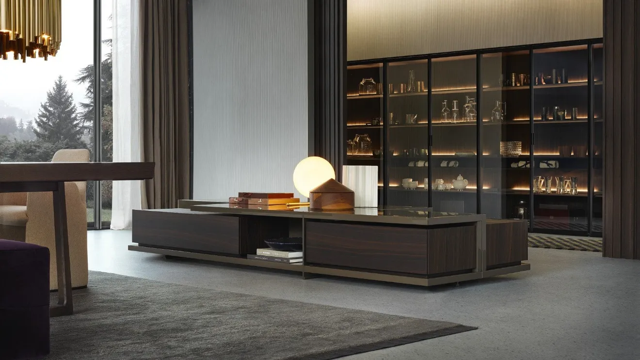 Bristol glossy lacquered and wood bookcase with glass doors by Poliform.