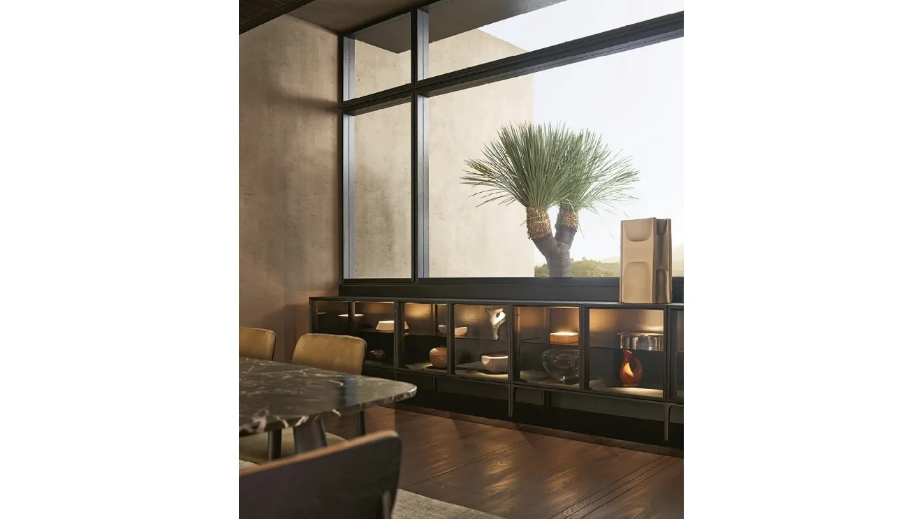 Aiko sideboard in black elm and transparent glass by Poliform.