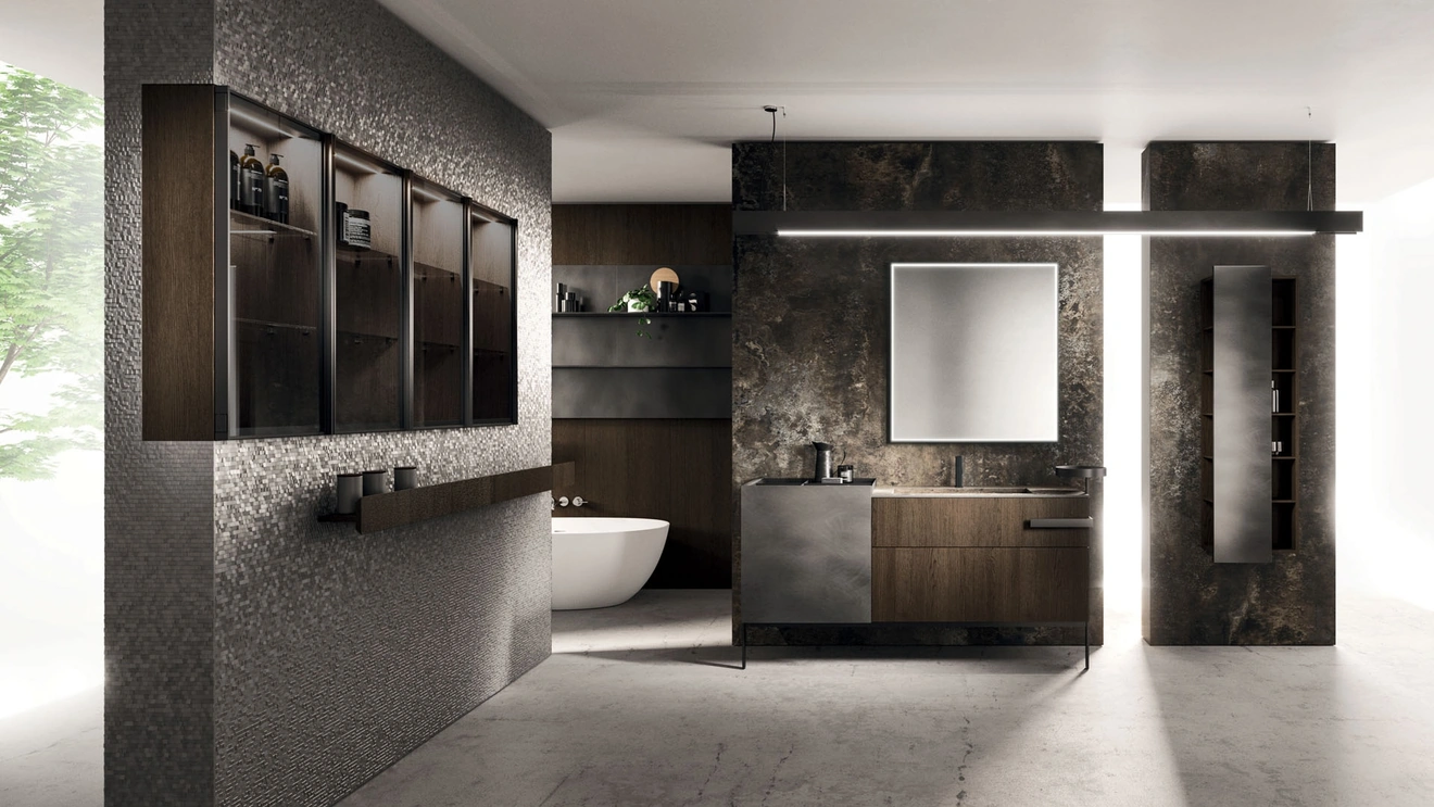 Floor-standing Bathroom Cabinet Lympha 02 in Oak and Oxidized Lacquered by Arrital