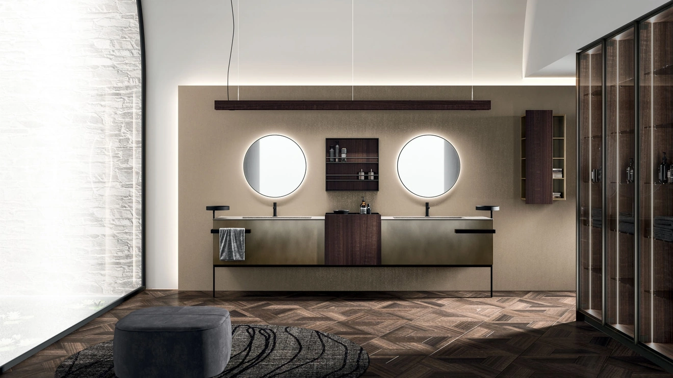 Floor-standing Lympha 06 bathroom cabinet in oxidized brass lacquer by Arrital