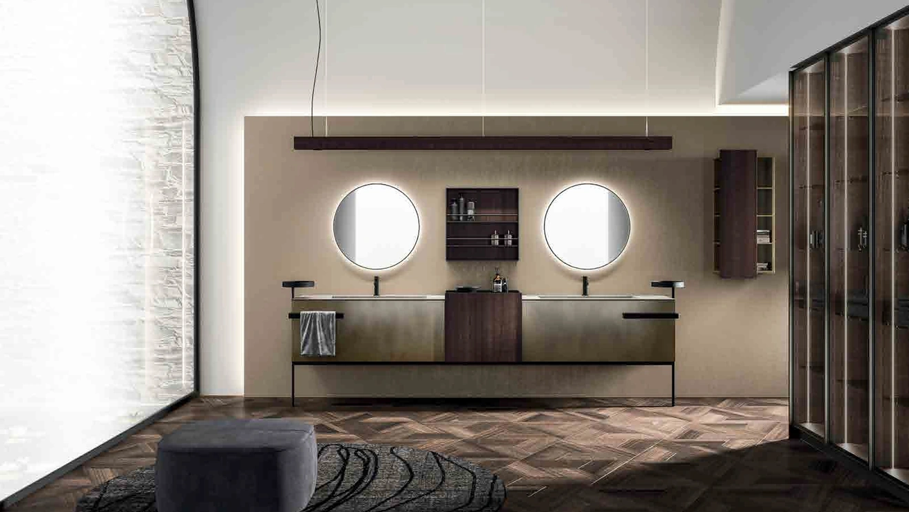 Bathroom Cabinet Lympha_Concept_06 in oxidized lacquered brass and thermally treated eucalyptus by Altamarea