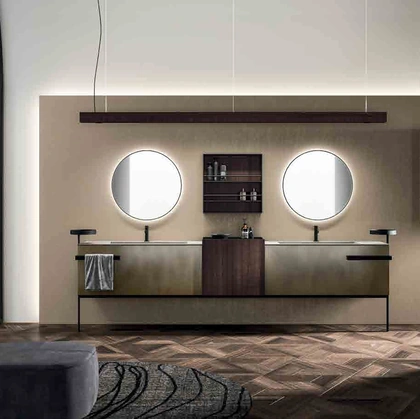 Bathroom Cabinet Lympha_Concept_06 in oxidized lacquered brass and thermally treated eucalyptus by Altamarea