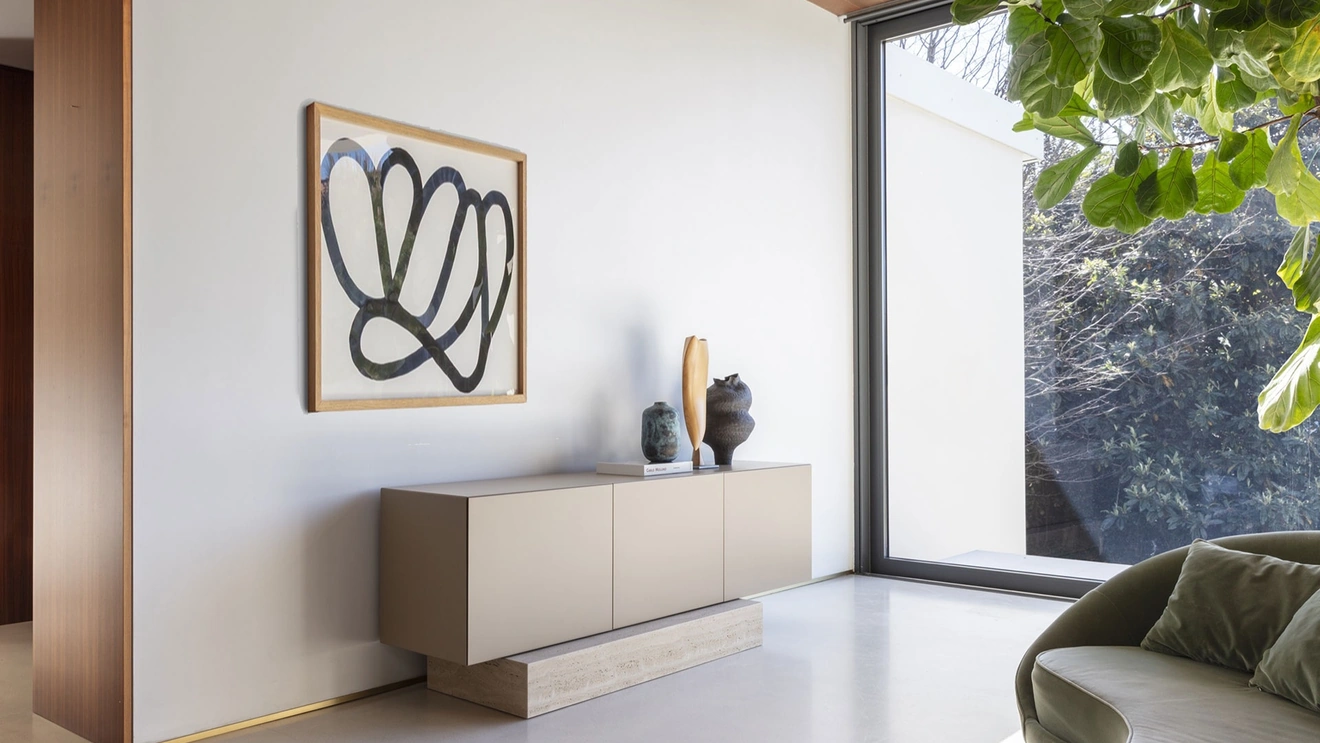 Block sideboard in lacquered finish with textured base by Mogg