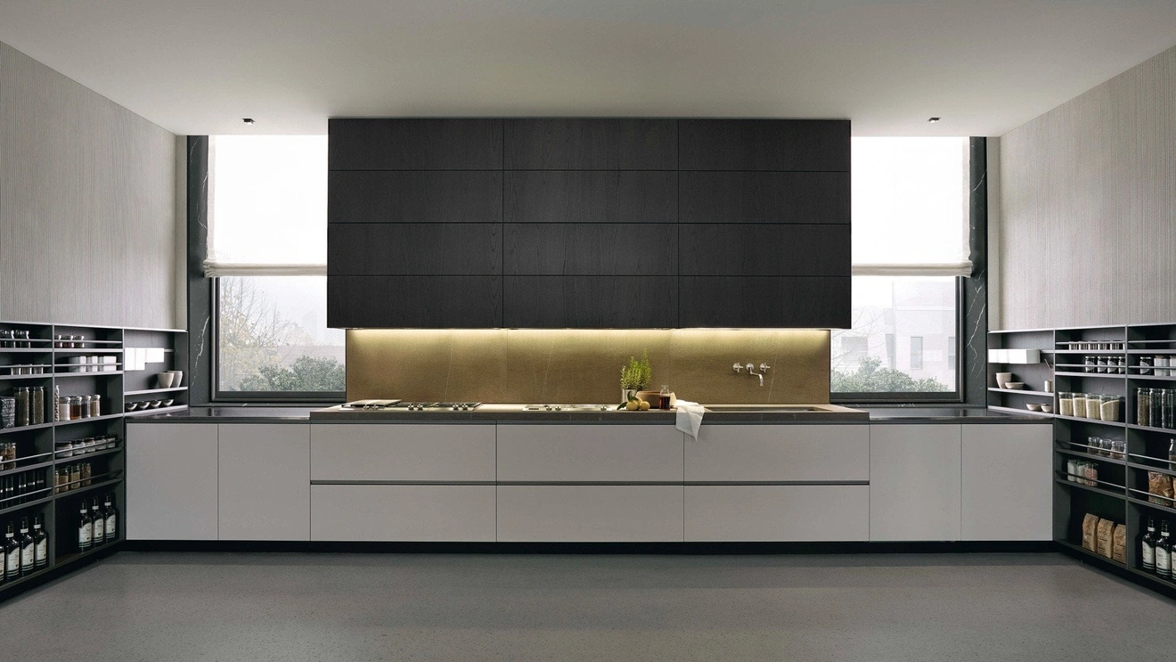 My Planet linear design kitchen in lacquered and wood finish by Poliform