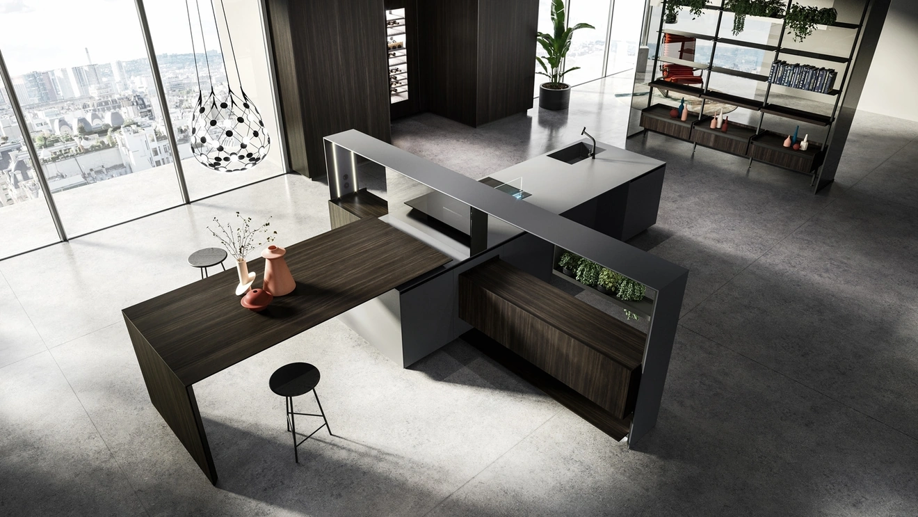 Design Kitchen with Nautilia 05 Island in Fenix NTM Bromo Grey and Smoked Oak by Arrital