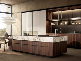 Phoenix Design Kitchen in Walnut, Marble and Embossed Ice Lacquered by Poliform