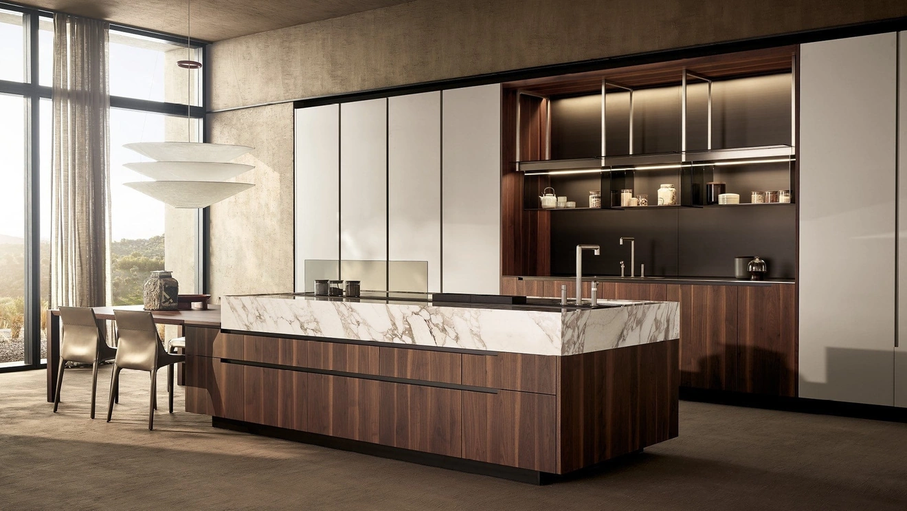 Phoenix Design Kitchen in Walnut, Marble and Embossed Ice Lacquered by Poliform
