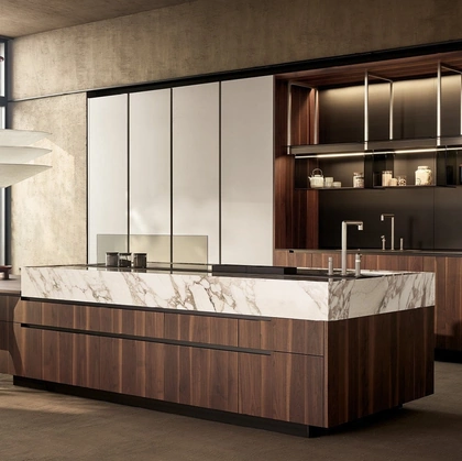 Phoenix Design Kitchen in Walnut, Marble and Embossed Ice Lacquered by Poliform