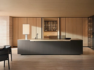 Phoenix Design Kitchen in Oak with a Lacquered Bronze and Travertine Island by Poliform