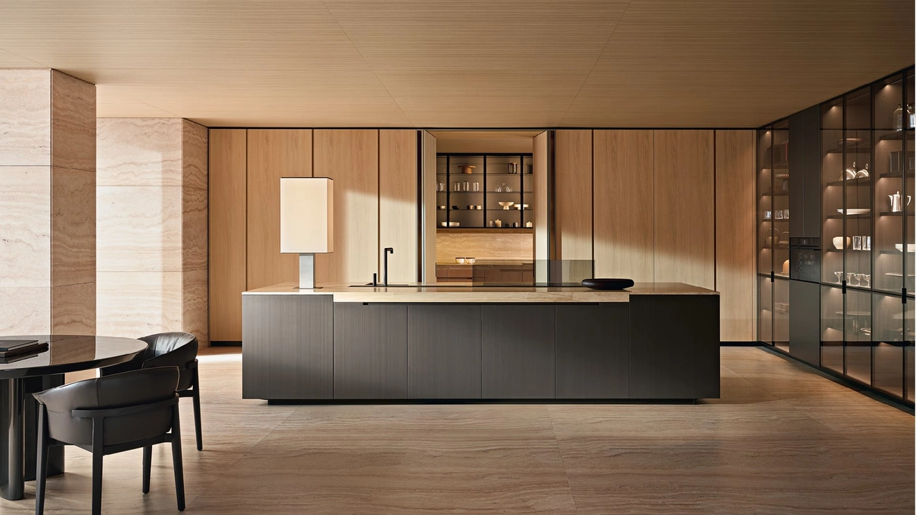 Phoenix Design Kitchen in Oak with a Lacquered Bronze and Travertine Island by Poliform