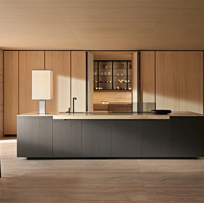 Phoenix Design Kitchen in Oak with a Lacquered Bronze and Travertine Island by Poliform