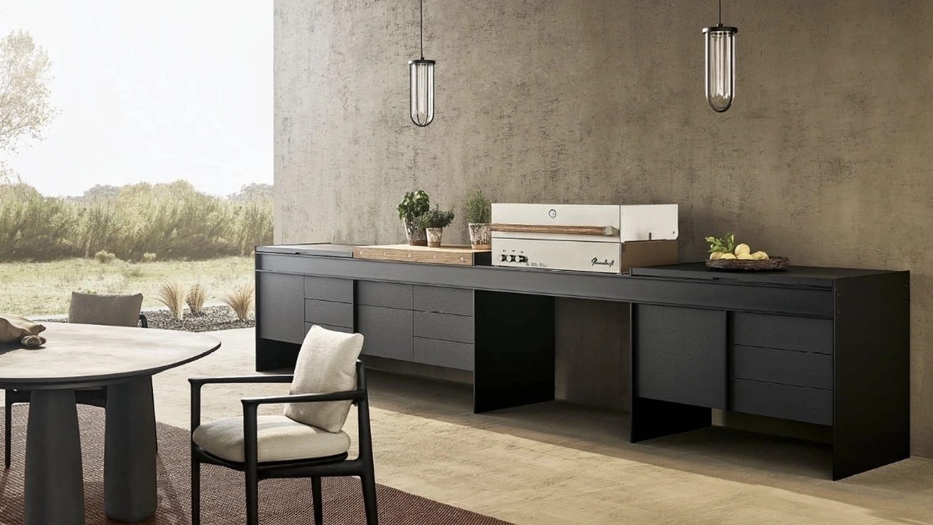 Design Land Kitchen by Poliform in lacquered aluminum Black and steel