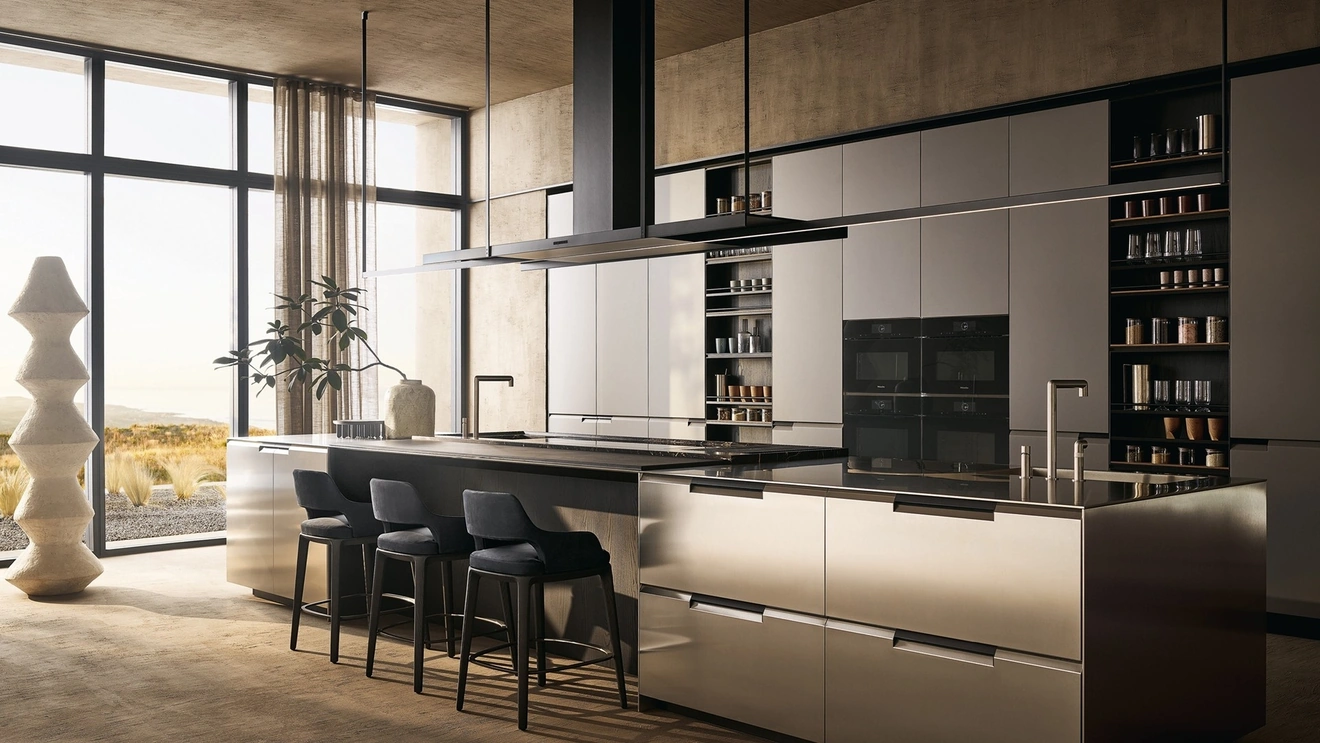 Design Kitchen in Lacquered with Steel Island Shape by Poliform