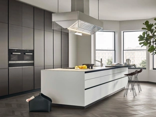 Bronze Metallic Lacquered Design Kitchen with White Twelve Glass Island by Poliform