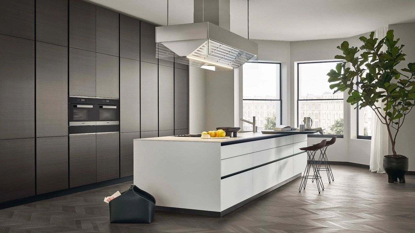 Bronze Metallic Lacquered Design Kitchen with White Twelve Glass Island by Poliform