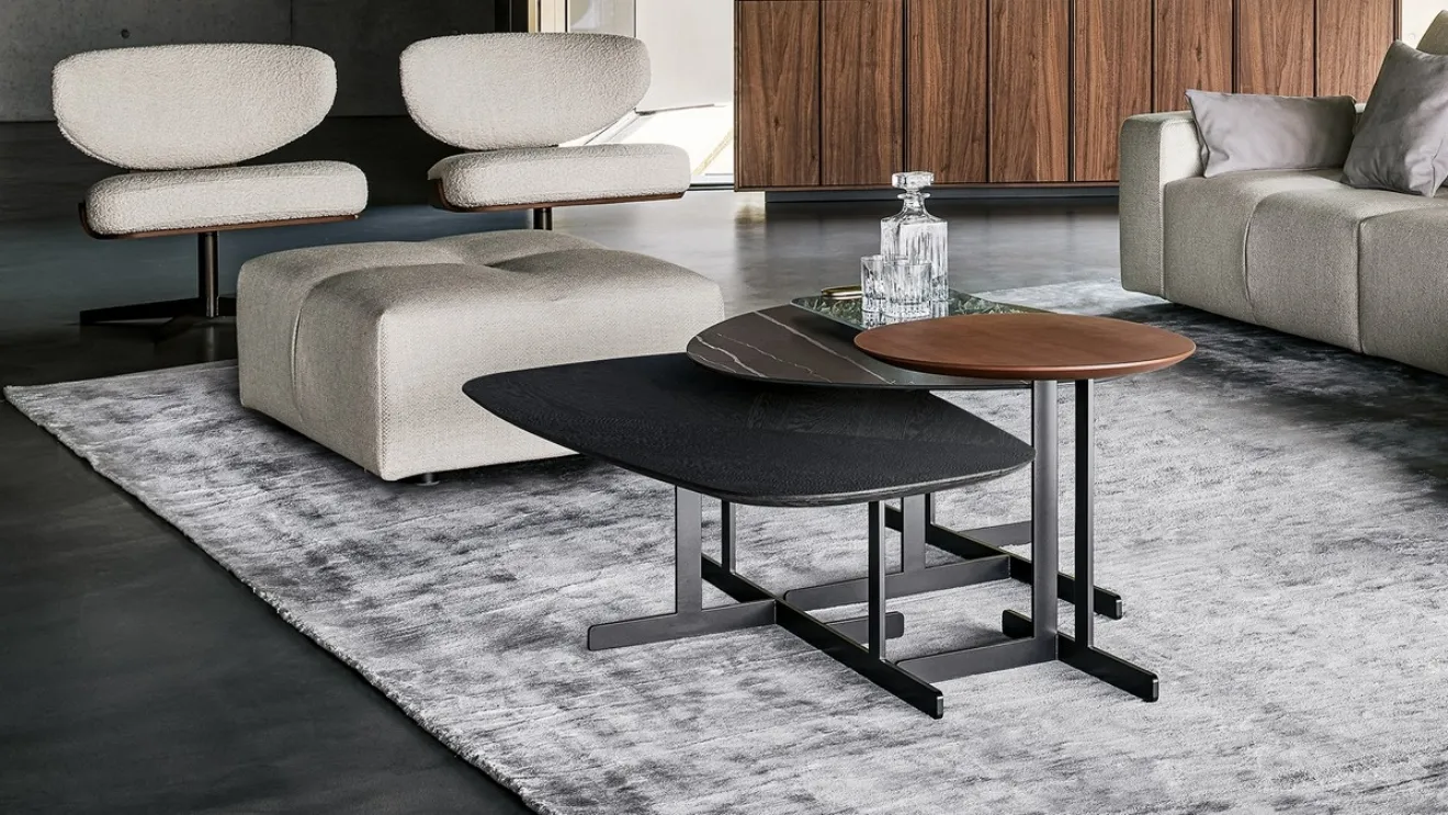 Stackable Kumo coffee tables in wood or marble by Bonaldo.