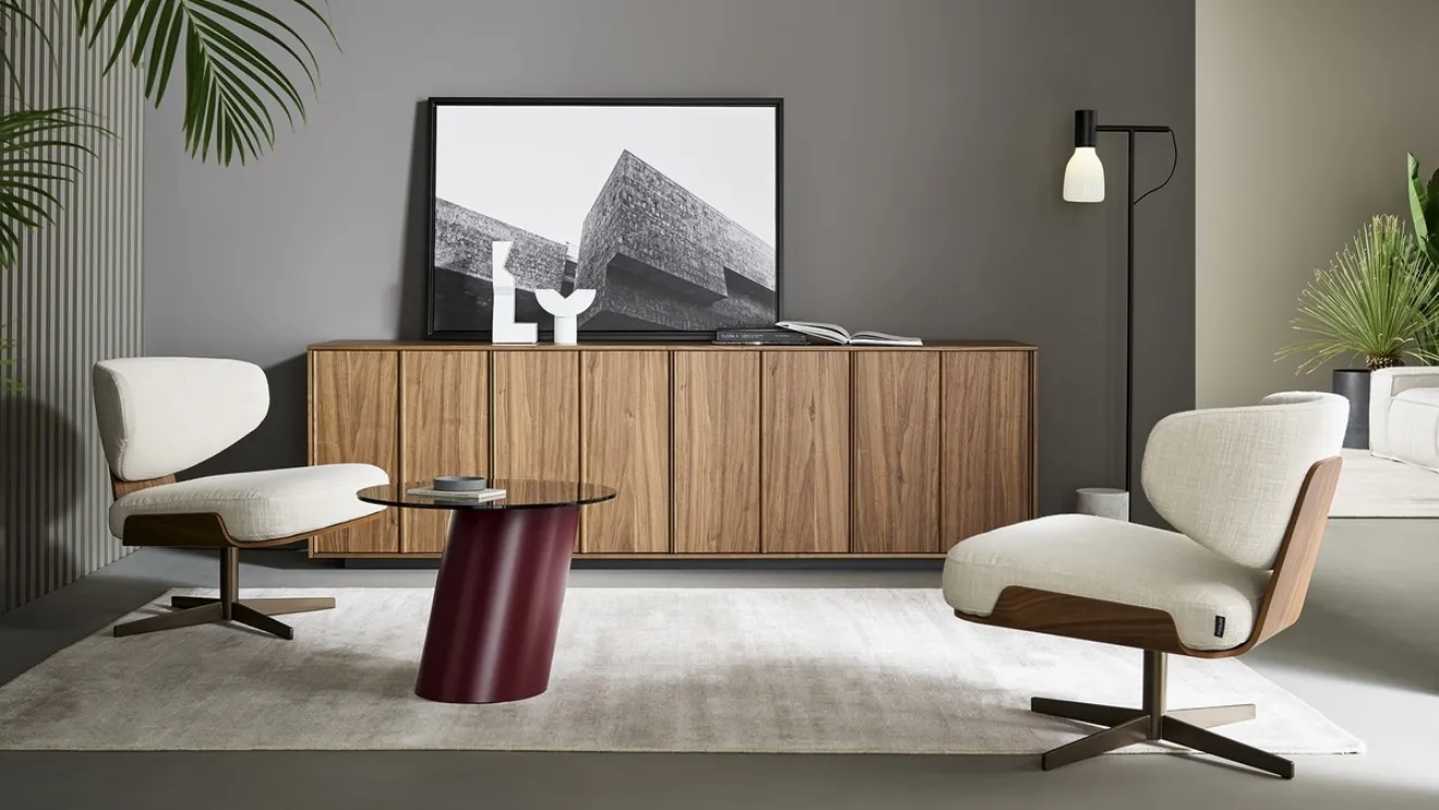 Design armchair Olos in fabric and wood by Bonaldo.