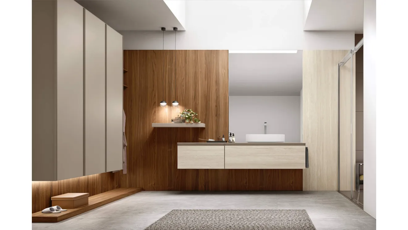 Suspended bathroom furniture Shape 18 in travertine laminam by Arcom.