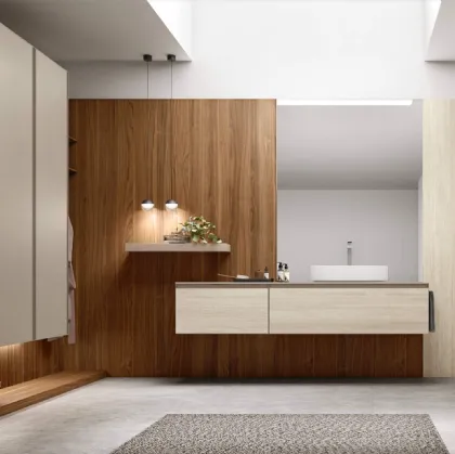 Suspended bathroom furniture Shape 18 in travertine laminam by Arcom.