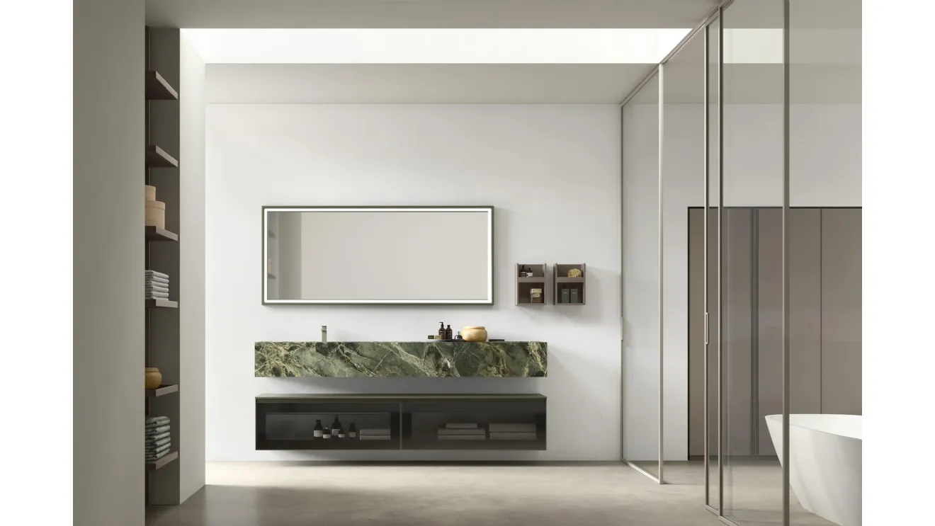 Suspended glass bathroom cabinet with Shape 34 gres sink by Arcom.