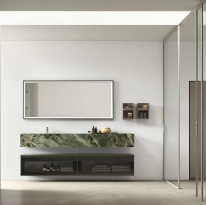 Suspended glass bathroom cabinet with Shape 34 gres sink by Arcom.