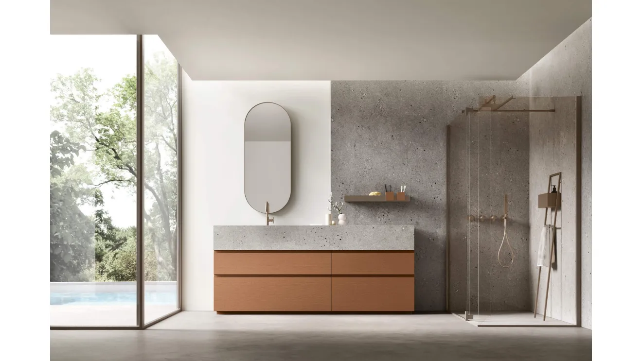 Floor-standing bathroom unit Soul 15 in lacquered oak by Arcom.