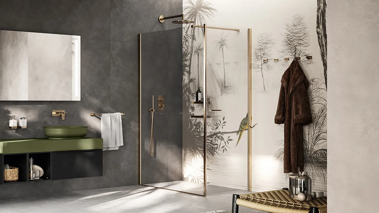 Walk-in shower enclosure with hinged door by Inda.