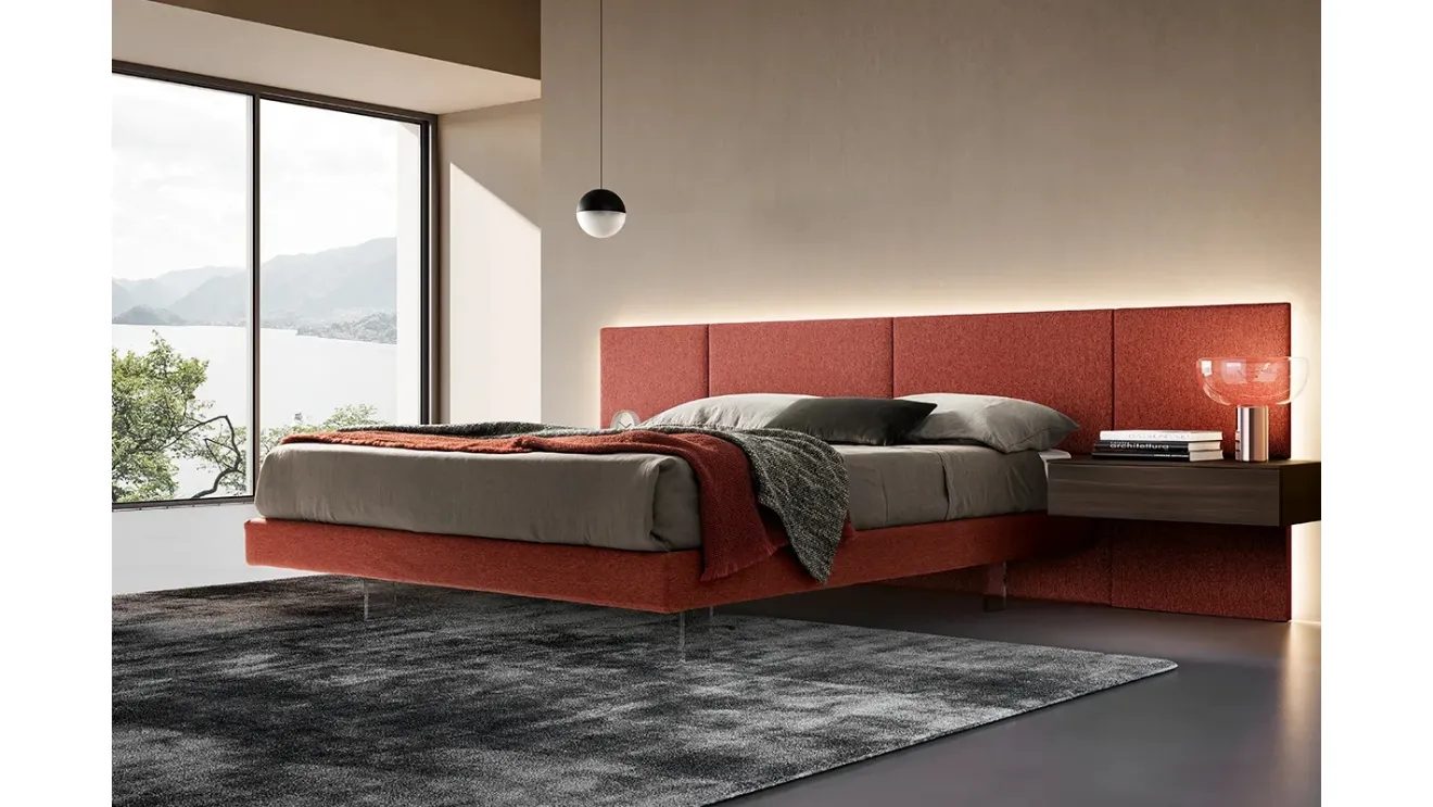Modula fabric bed with transparent feet by Adok