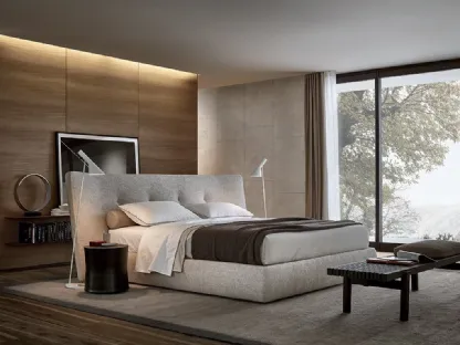 Rever bed in leather, wood and fabric by Poliform
