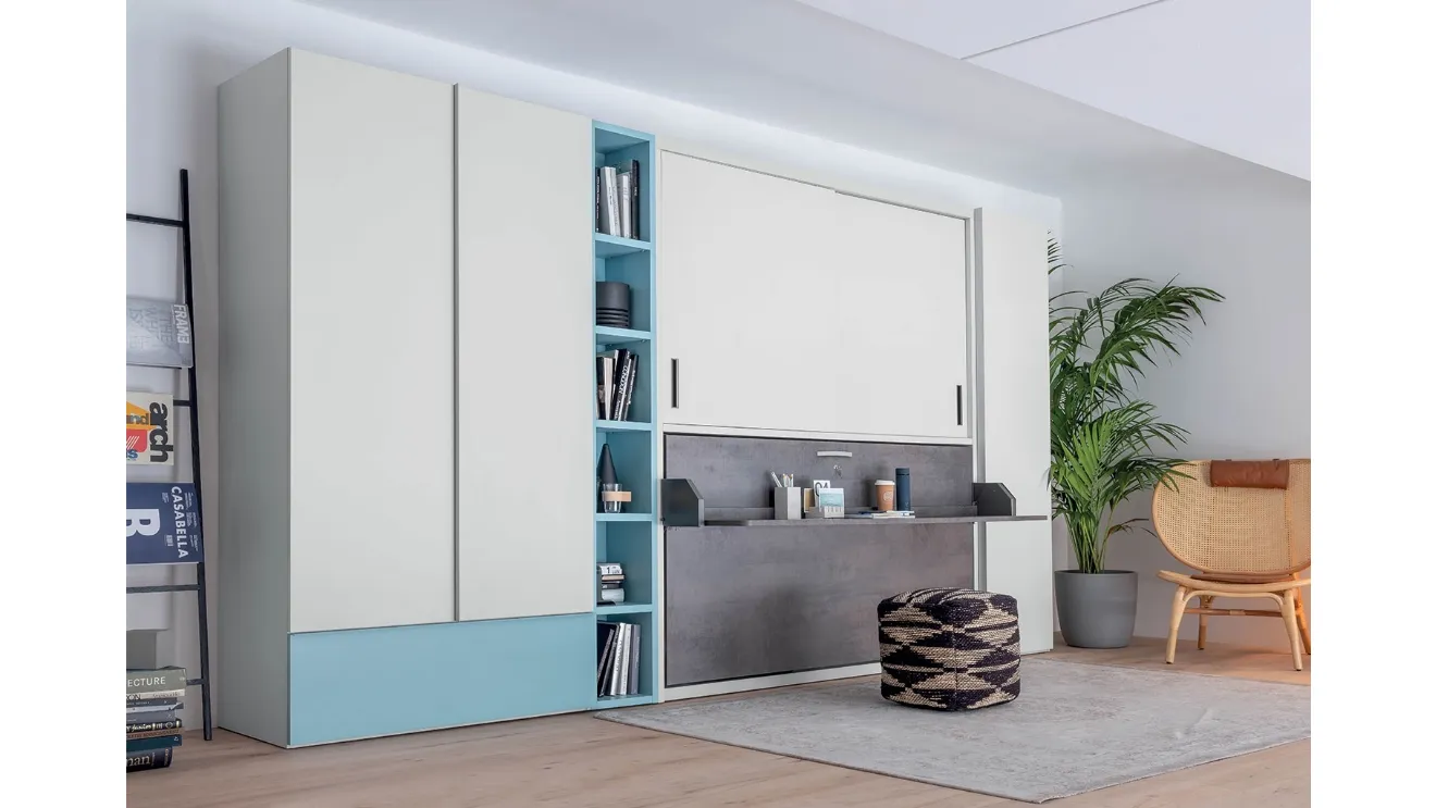 Single wall bed with integrated desk closed in matte lacquer Hiro wardrobe by Clever.
