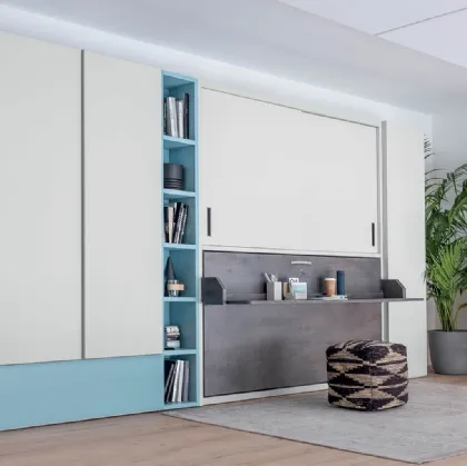 Single wall bed with integrated desk closed in matte lacquer Hiro wardrobe by Clever.