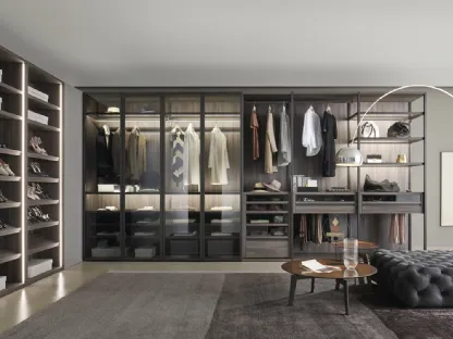 Bellavista walk-in wardrobe in wood-effect melamine and Sangiacomo glass hinged doors