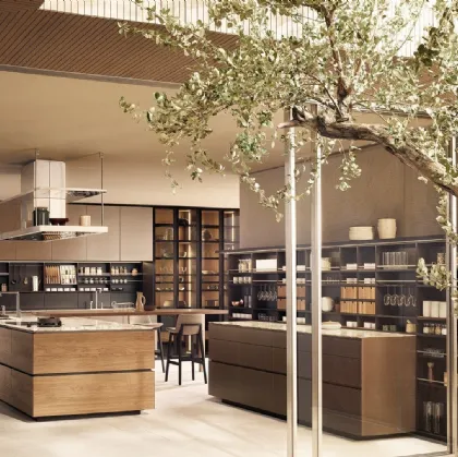 Design Kitchen in Canaletto Walnut and Calacatta Marble with Poliform Artex Island