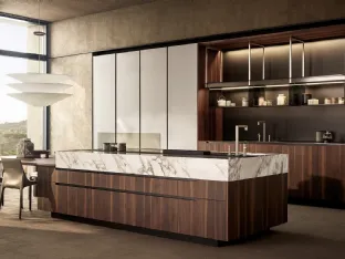 Phoenix Design Kitchen in Walnut, Marble and Embossed Ice Lacquered by Poliform