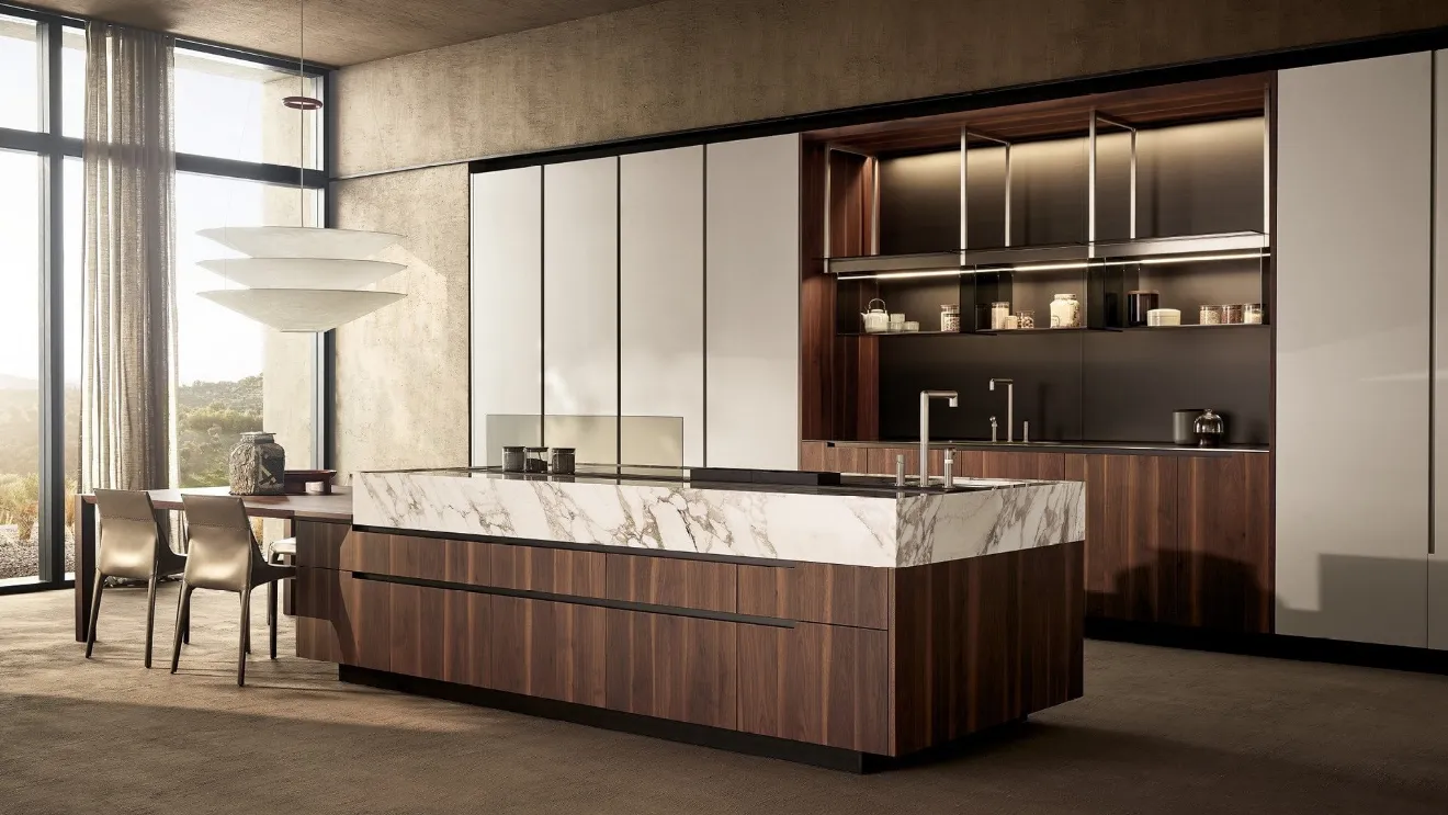 Phoenix Design Kitchen in Walnut, Marble and Embossed Ice Lacquered by Poliform