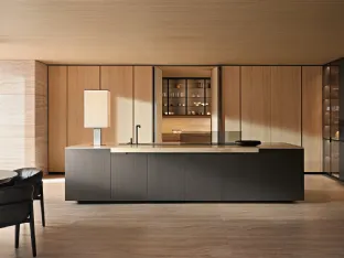Phoenix Design Kitchen in Oak with a Lacquered Bronze and Travertine Island by Poliform