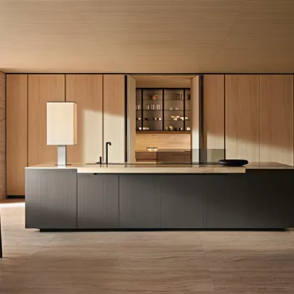 Phoenix Design Kitchen in Oak with a Lacquered Bronze and Travertine Island by Poliform
